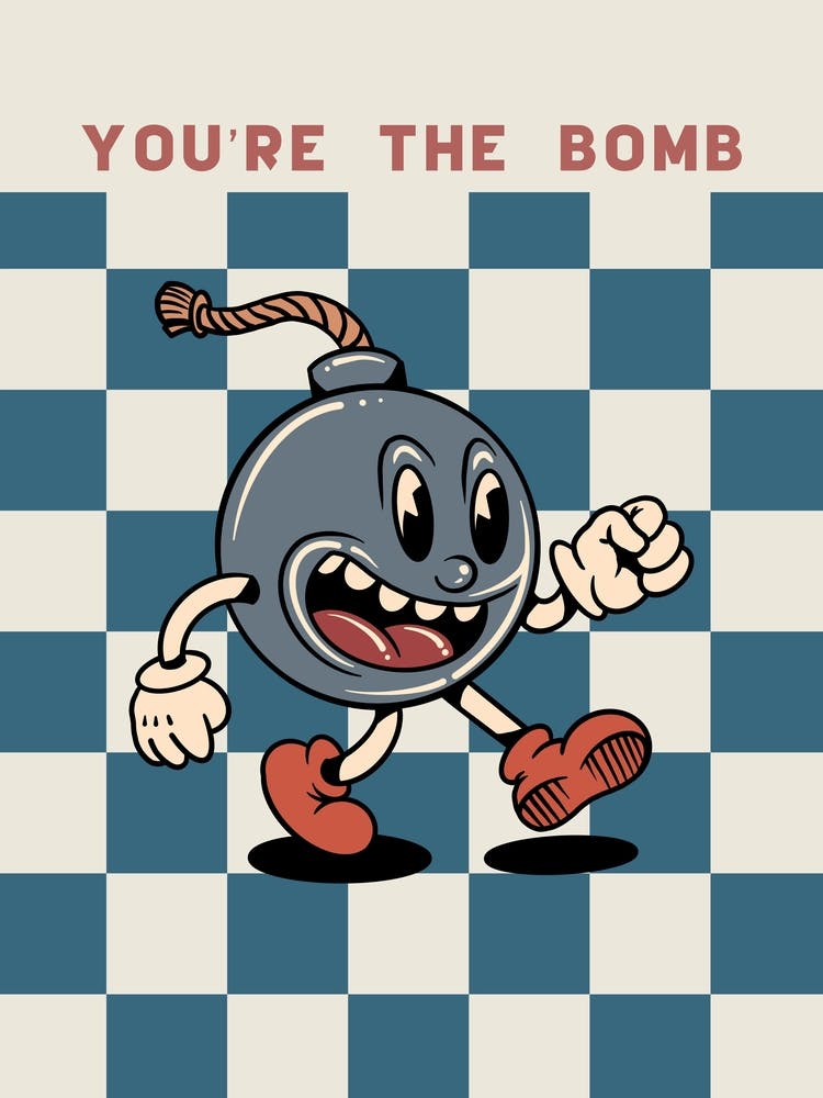 Vintage Retro Style Cartoon with Checkerboard Background Print - 