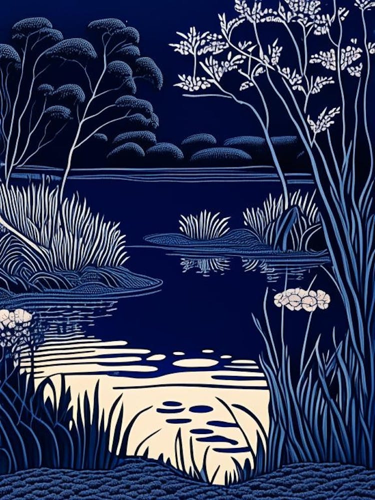 Gravure sur Linoléum Paysage Aquatique d'Étang 1