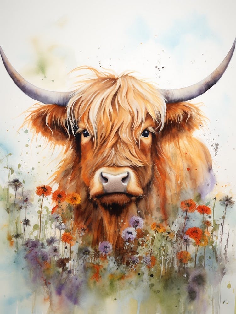 Highland Cow In Wildflower Field Watercolour 2