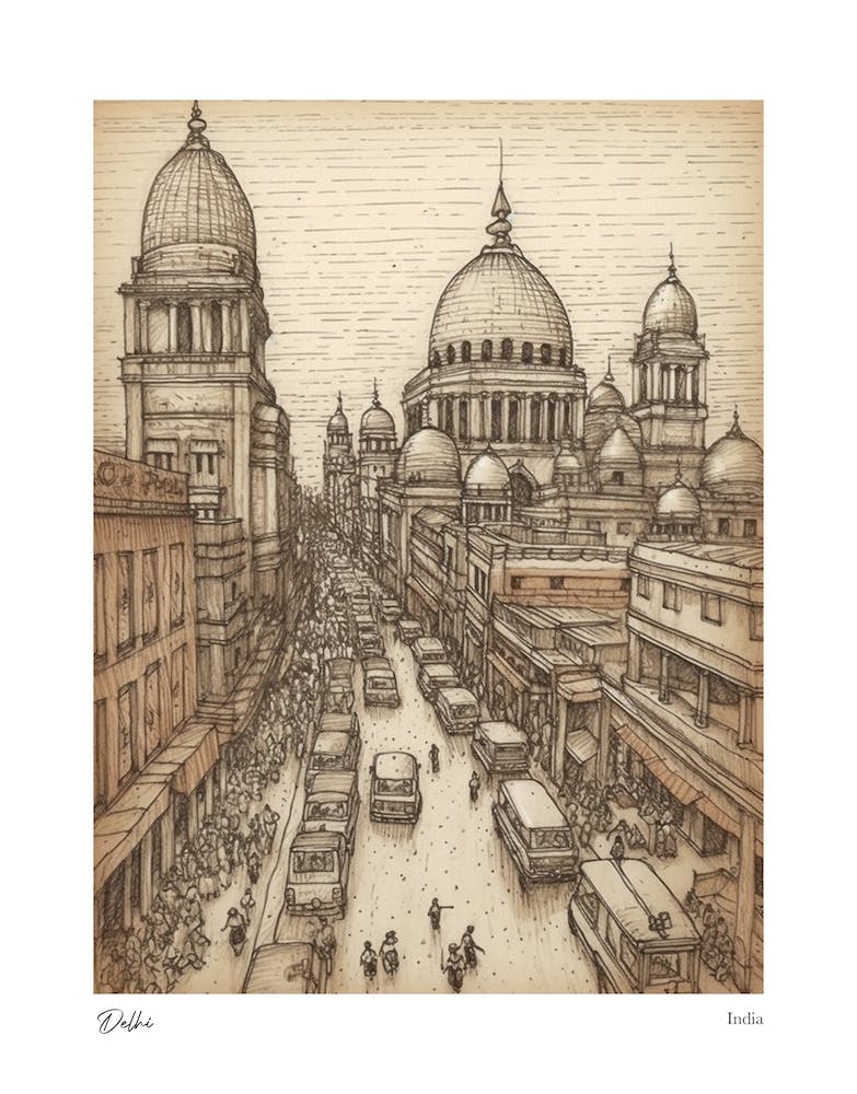 Delhi India Drawing Pencil Style 3 Travel Poster