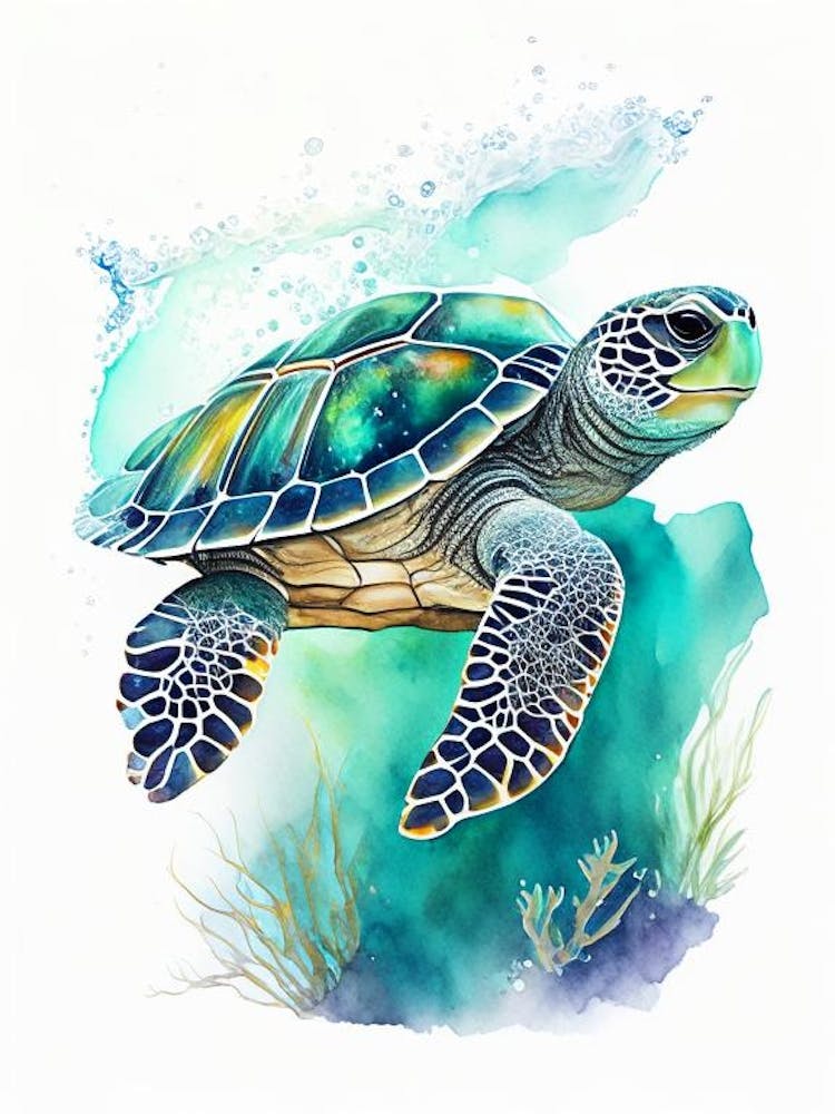 Sea Turtle In Deep Ocean, Sea Turtle Watercolour 3