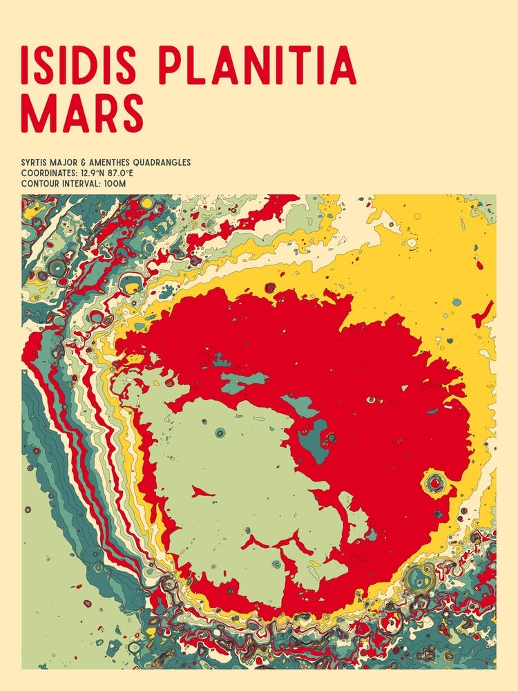 Isidis Planitia Mars (Perseverance Landing Site) Topographic Contour Map