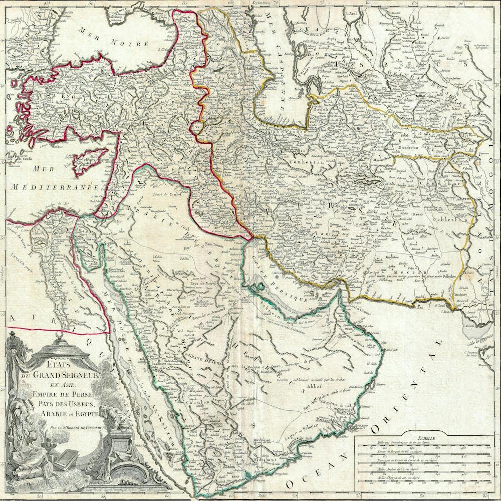 5263 Map Of Persia, Arabia And Turkey Vaugondy 1753 Vintage Pictorial Map