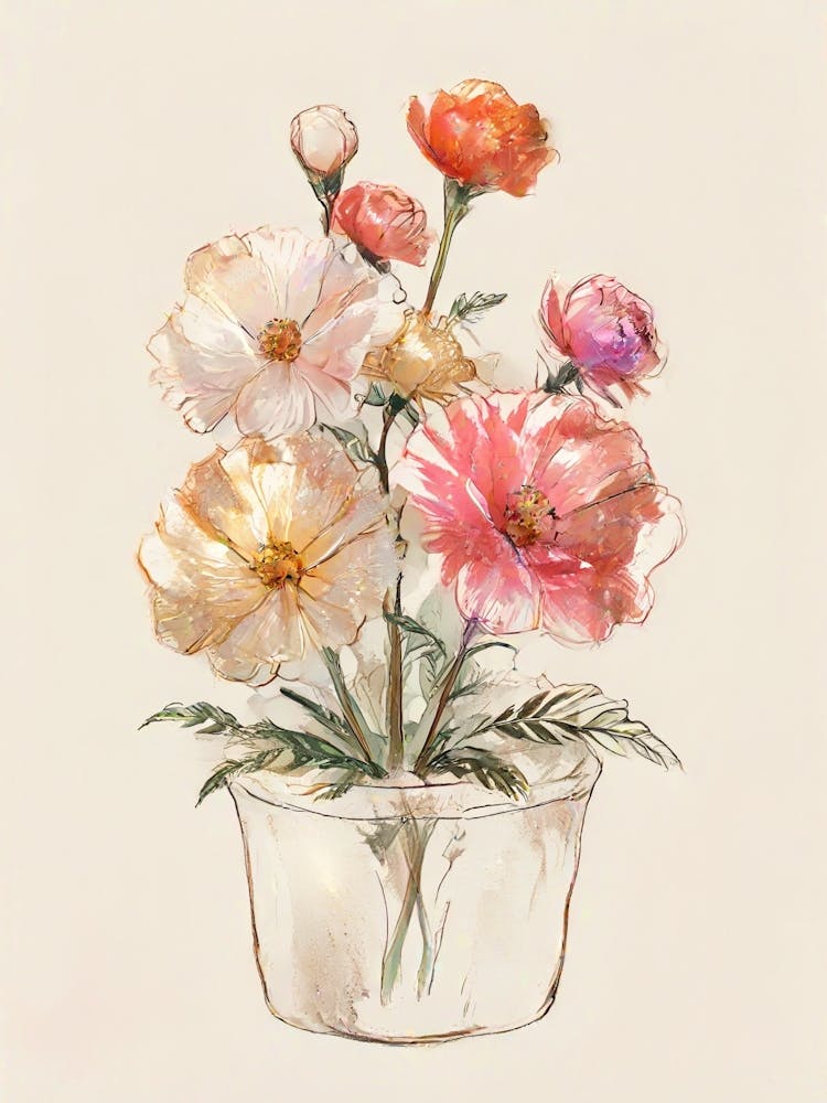 Watercolor Flowers In A Vase