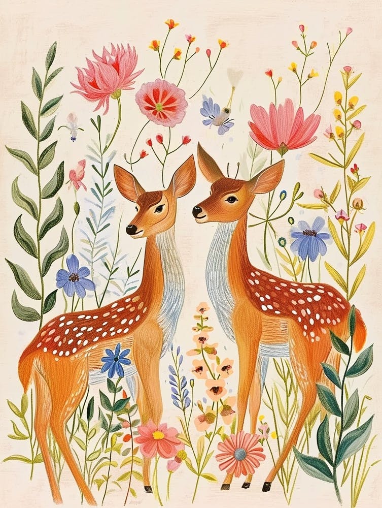 Folksy Floral Animal Drawing Deer 5