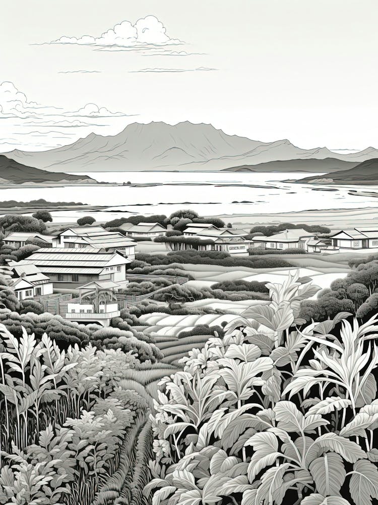 Ishigaki Island In Okinawa, Ukiyo E Black And White Line Art Drawing 3