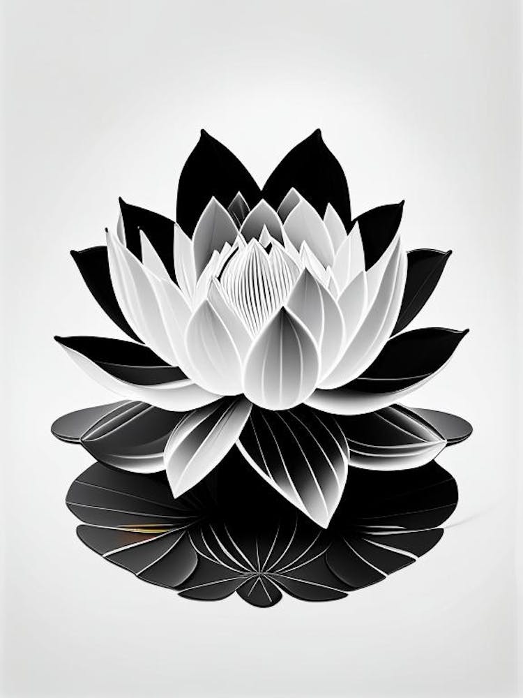 Blooming Lotus Flower In Pond Black And White Geometric 5