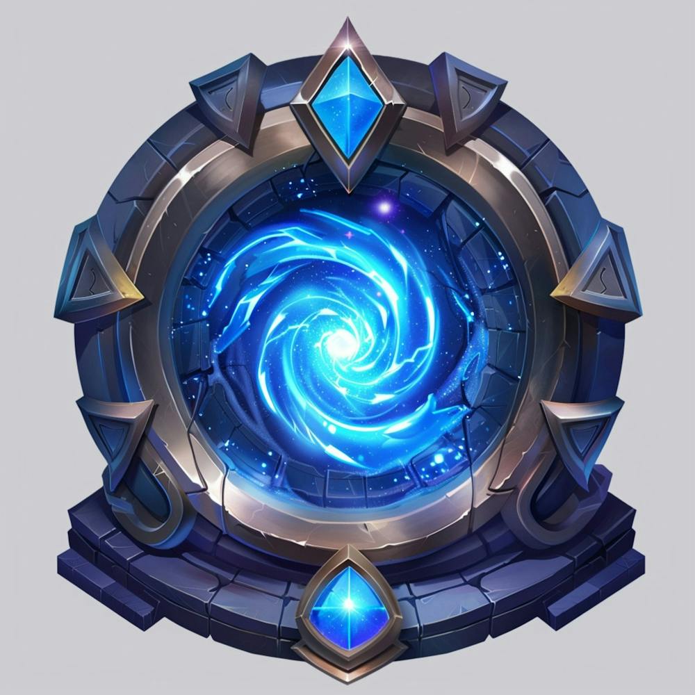 Secret Adventure, Mysterious Building, Door In Time And Space, Blue Spiral Light Effect Inside The Door, Top View, Greasy, Shiny, Light Background, Game Icon, Blender, European And American Style Game Table Front View 45 Degrees
