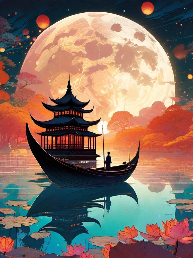 Chinese Lotus River ~ Travel Adventure Visionary Wall Decor Futuristic Sci-Fi Trippy Surrealism Modern Digital 