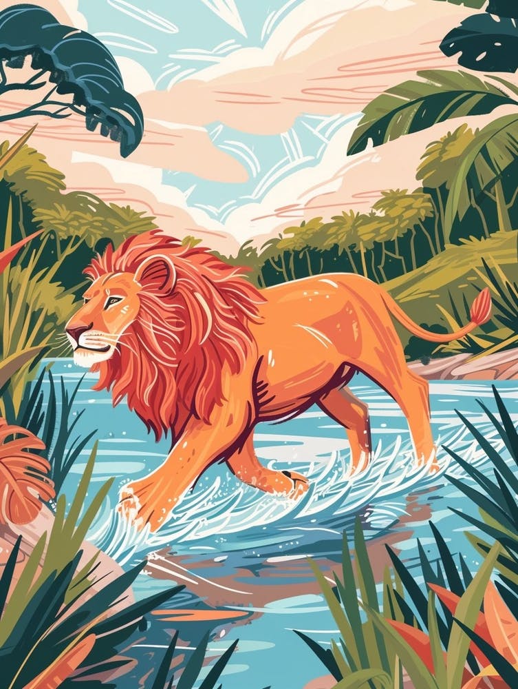 African Lion Crossing A River Illustration 1