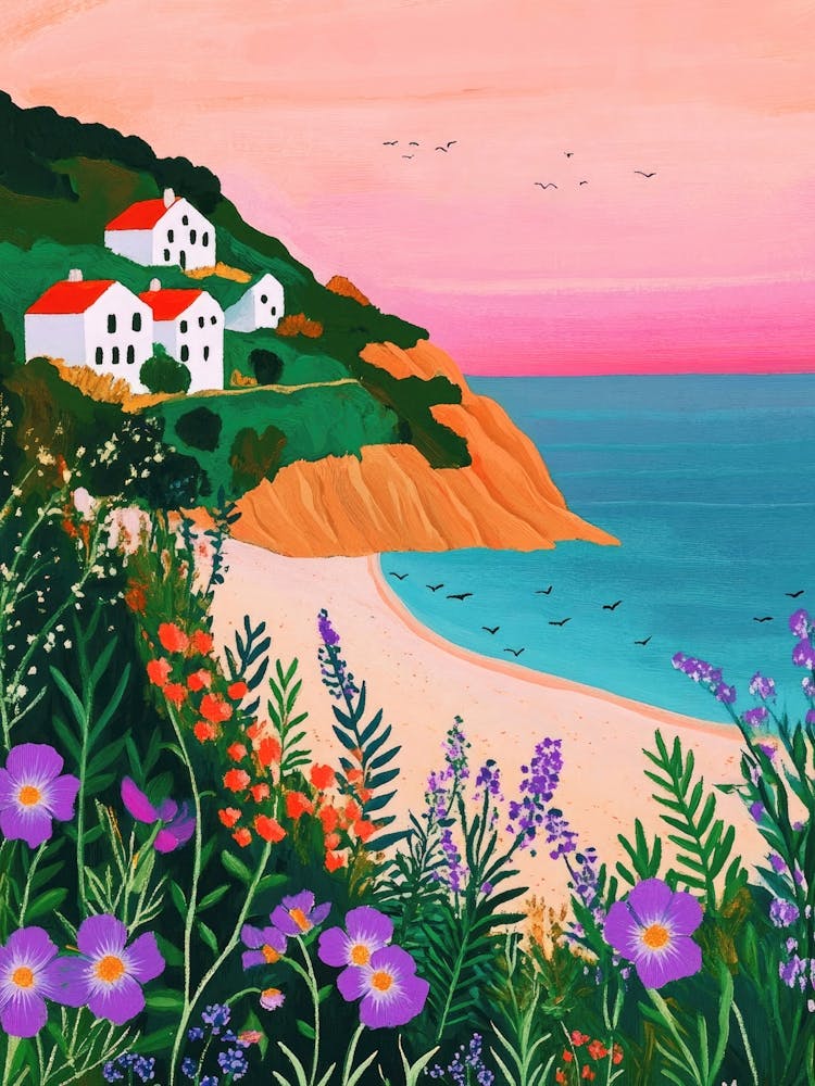 romantic scenic painting of a Coastal village with birds flying in pastel orange & soft purple in the style of Henri Matisse – seascape artwork in the style of modern impressionism ideal for beach house, entryway, or living rooms