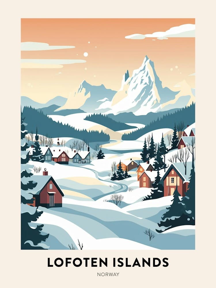 Vintage Winter Travel Poster Lofoten Islands Norway 4