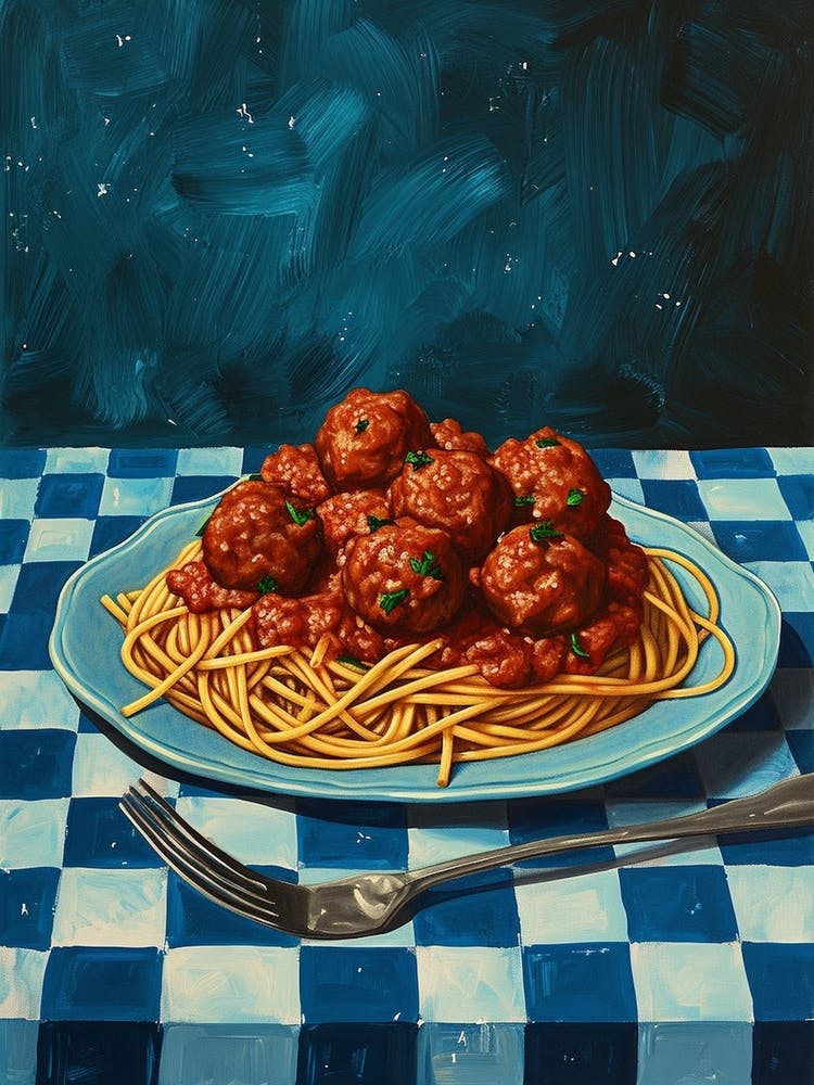 Spaghetti aux Boulettes de Viande Damier Bleu 1