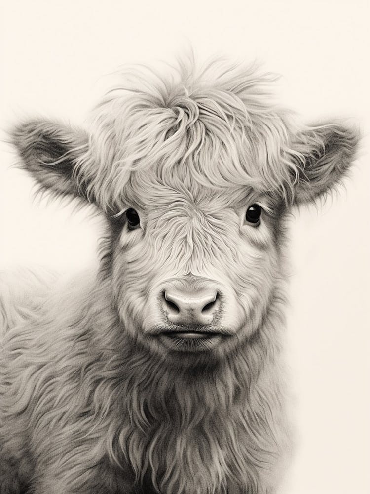 Black & White Illustration Of Baby Highland Cow 1