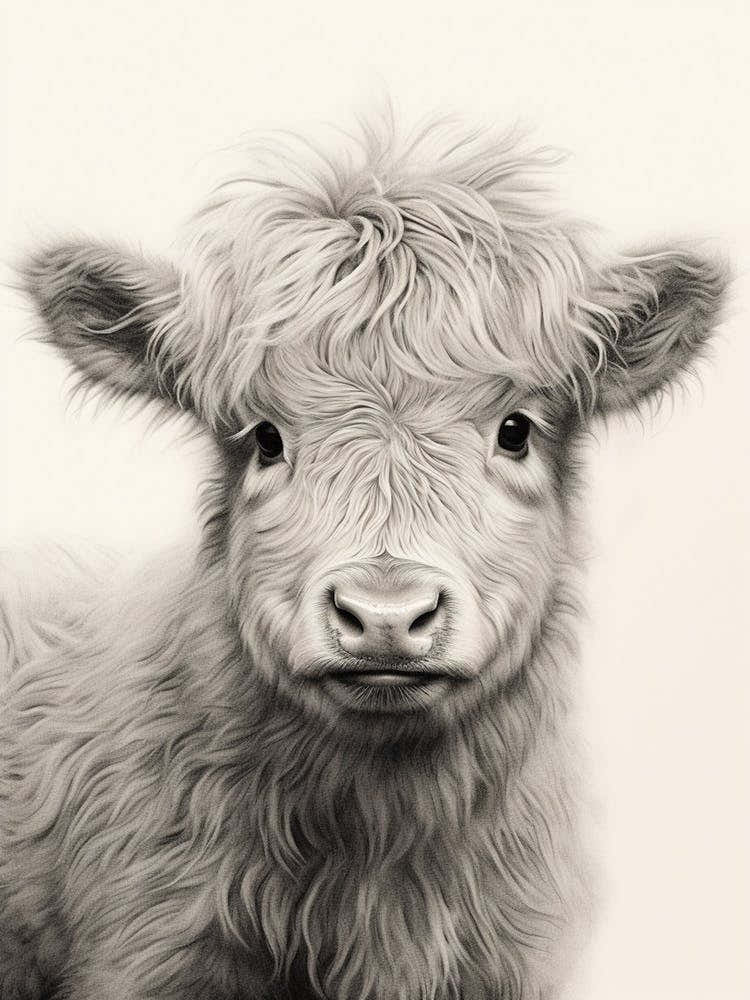 Black & White Illustration Of Baby Highland Cow 1