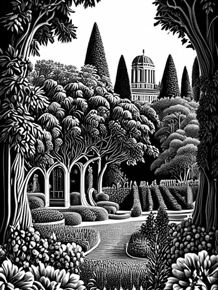 Giardino Di Boboli, 1, Italy Linocut Black And White Vintage