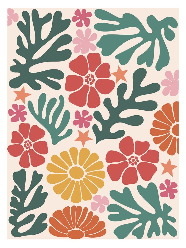 WA240025 - Colorful Botanical Pattern - Vibrant Floral and Leaf Design Matisse Style