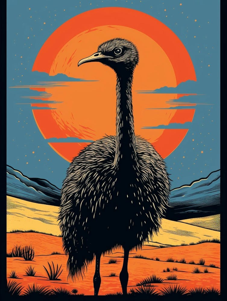 Autruche - Linogravure d'Oiseau Vintage 1