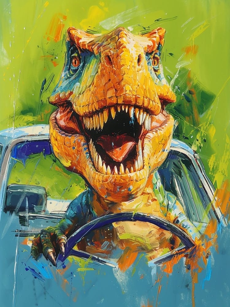 Dinosaur Driving A Car Blue Green Brushstroke 2