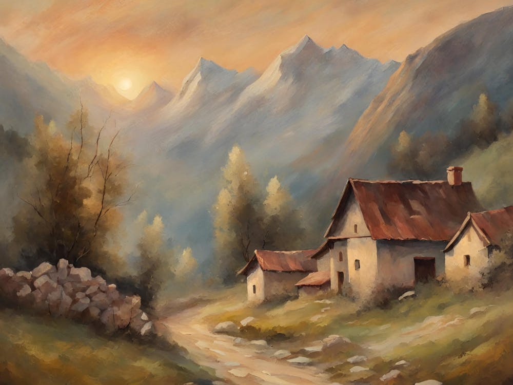 Vintage oil painting style soft colours peaceful sunrise mountain house landscape format