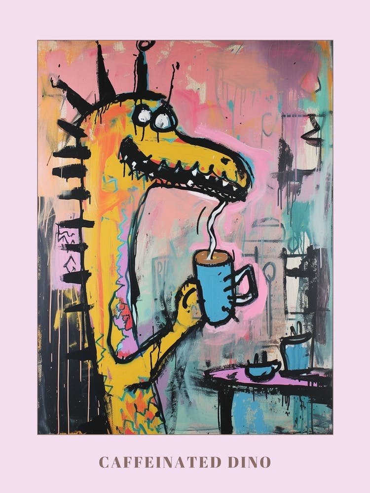 Dinosaurier trinkt Kaffee Pastellrosa Graffiti-Pinselstrich 1 Poster