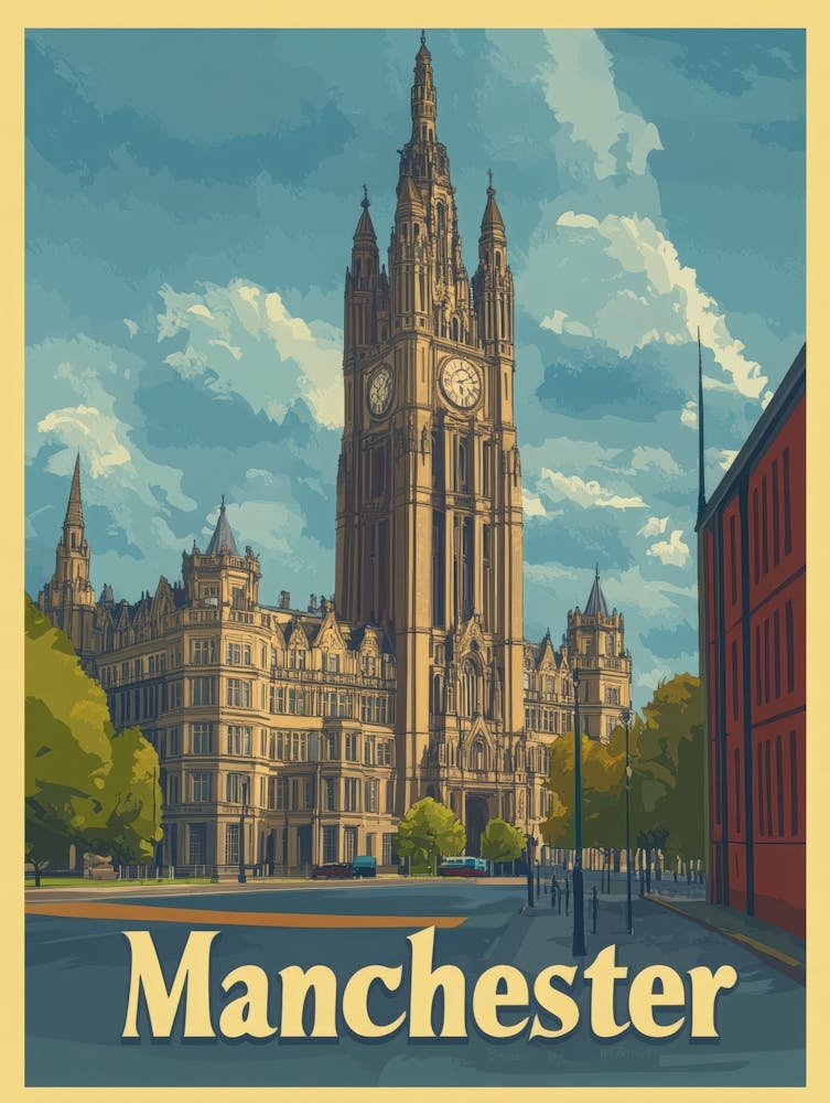 Aihrgdesign A Vintage Travel Poster Of Manchester Featuring T 8ce12d4b 4085 44eb 96b2 E56d829688d4 0