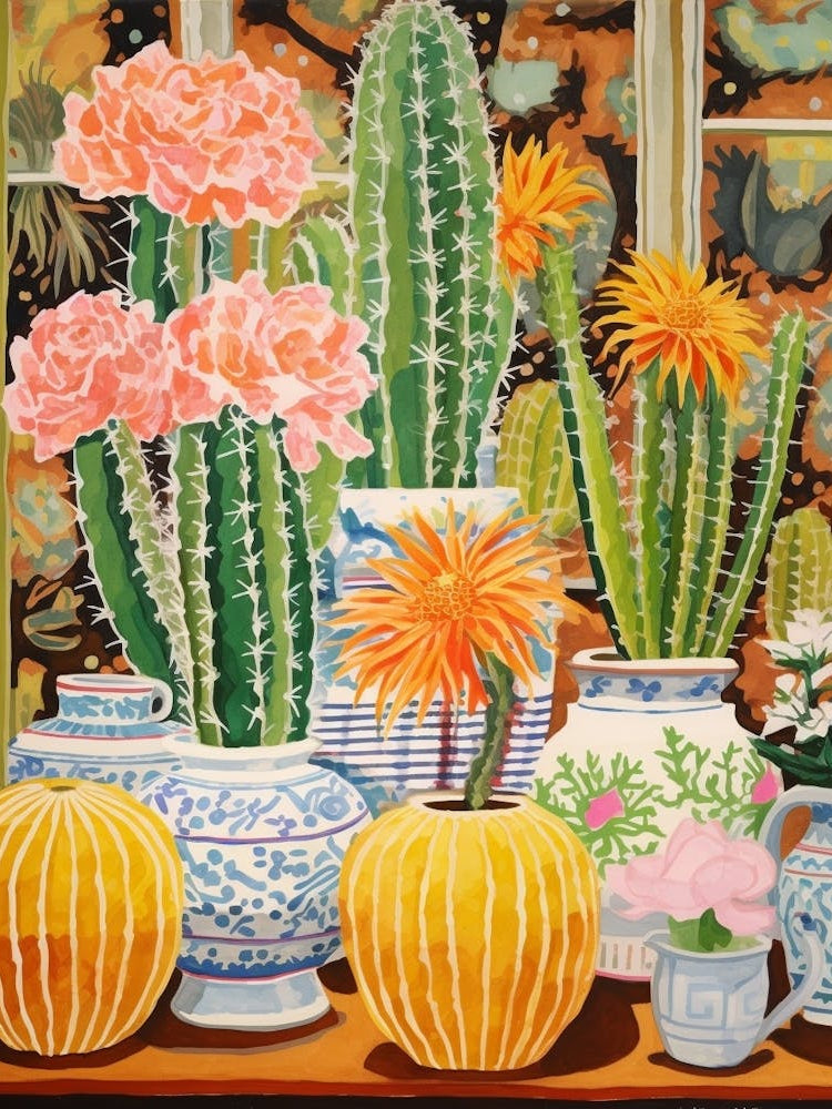 Cactus Painting Maximalist Still Life Golden Barrel Cactus 2