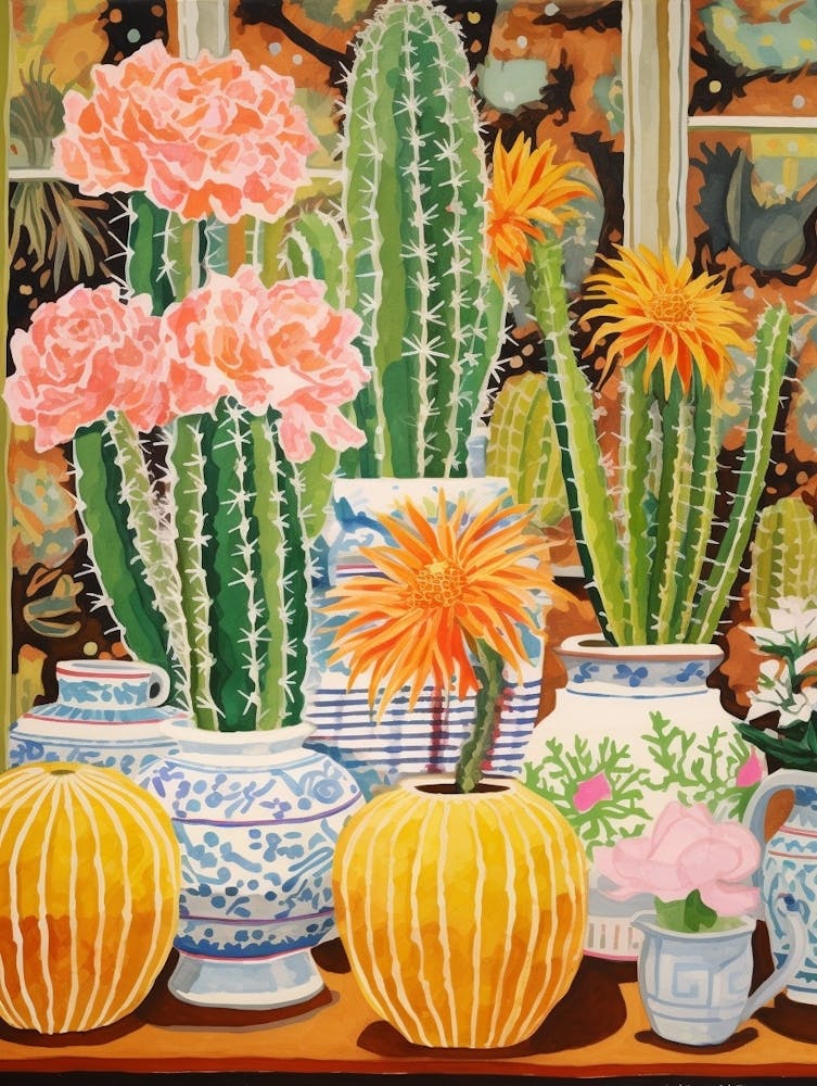 Cactus Painting Maximalist Still Life Golden Barrel Cactus 2