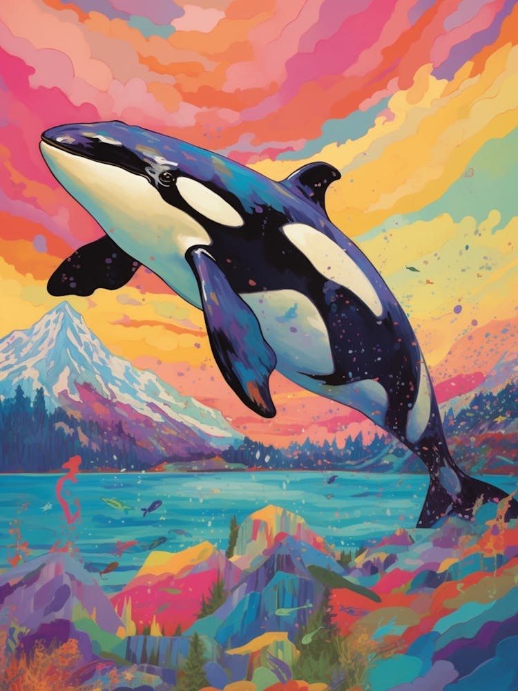 Vivid Surreal Rainbow Orca Whale With Mountain 2