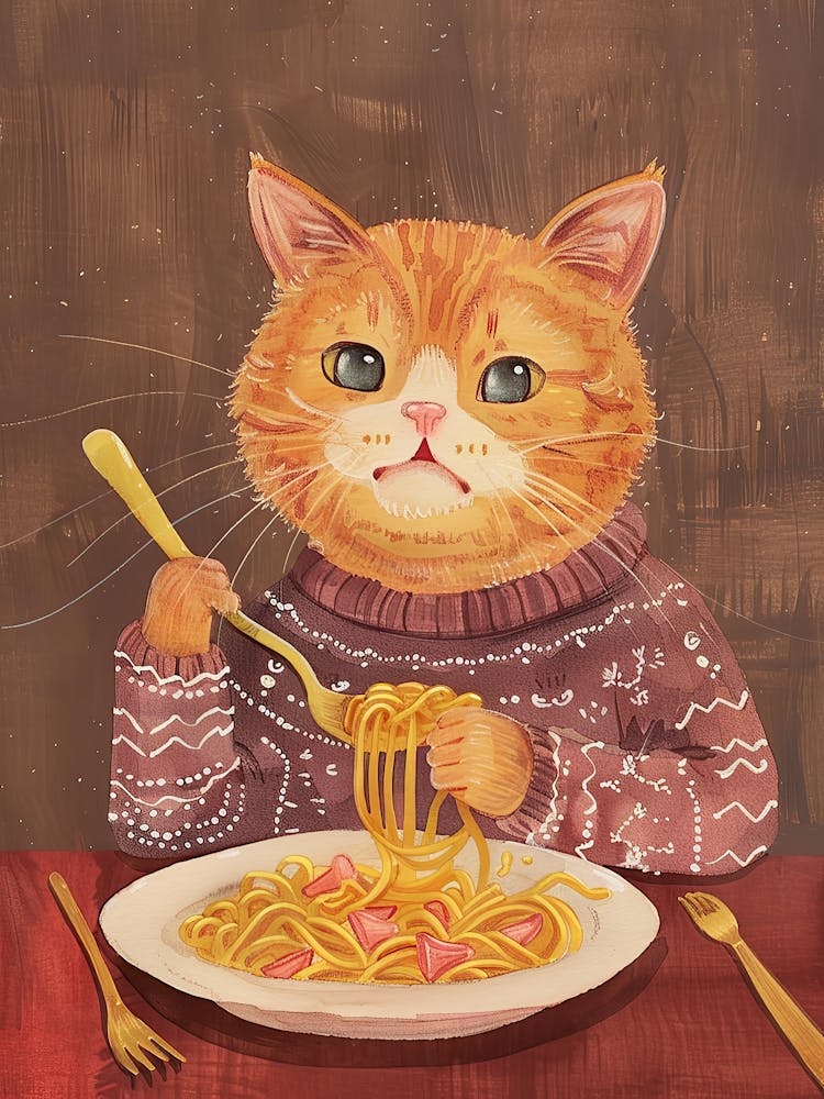 Brown White Cat Eating Pasta Folk Illustration 2