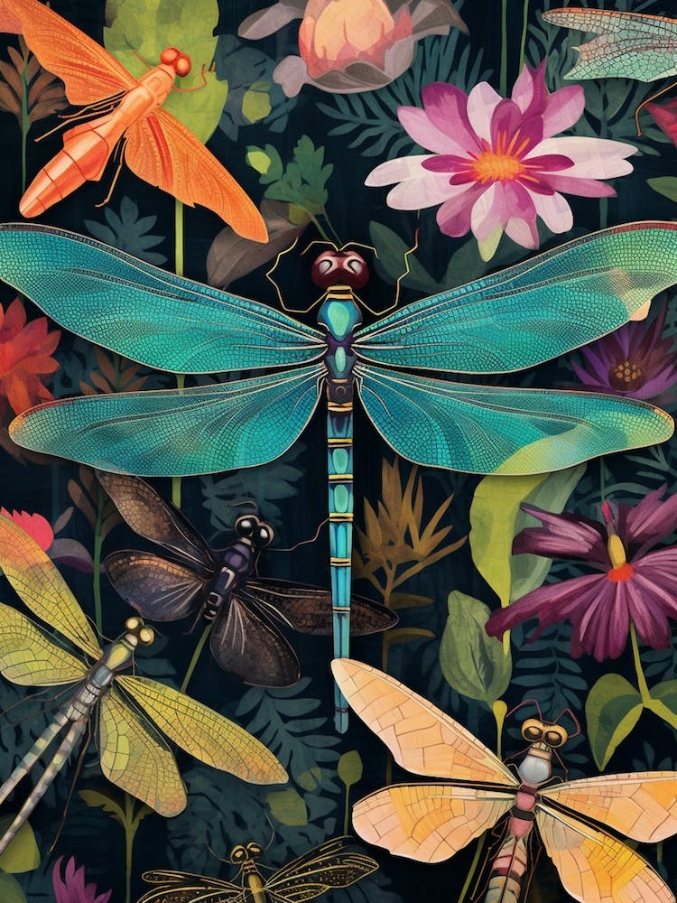 Dragonfly Collage Bright Colours 10