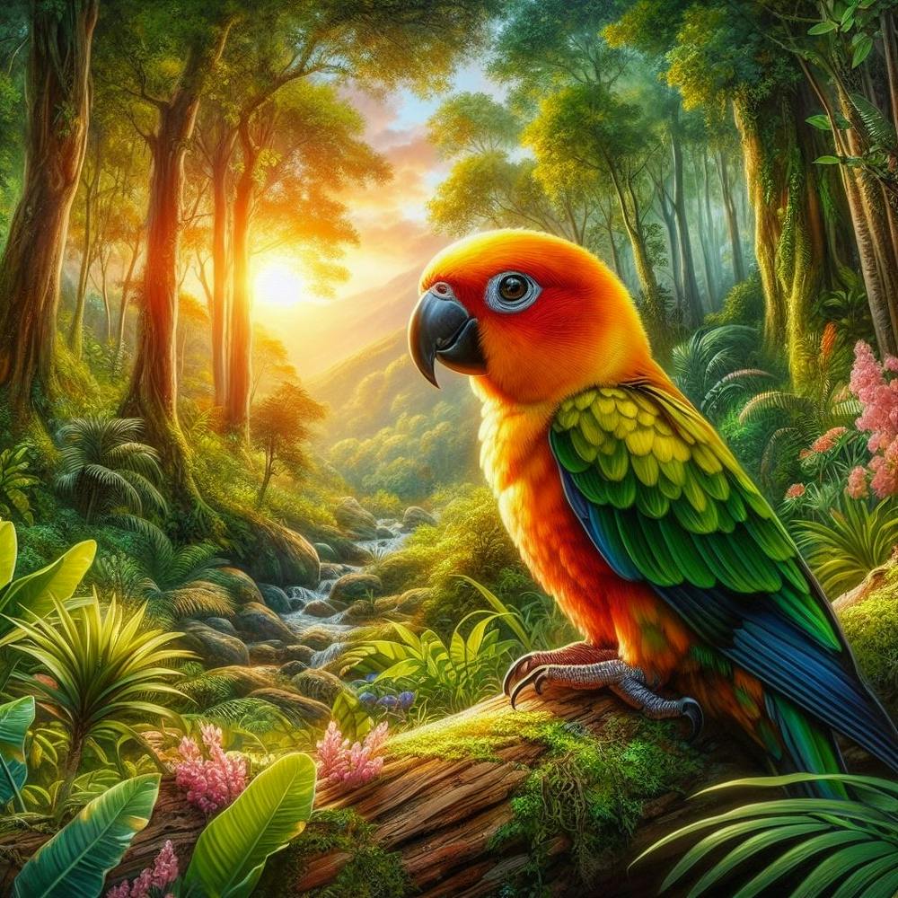 Sun Conure in Beautiful Forest 1