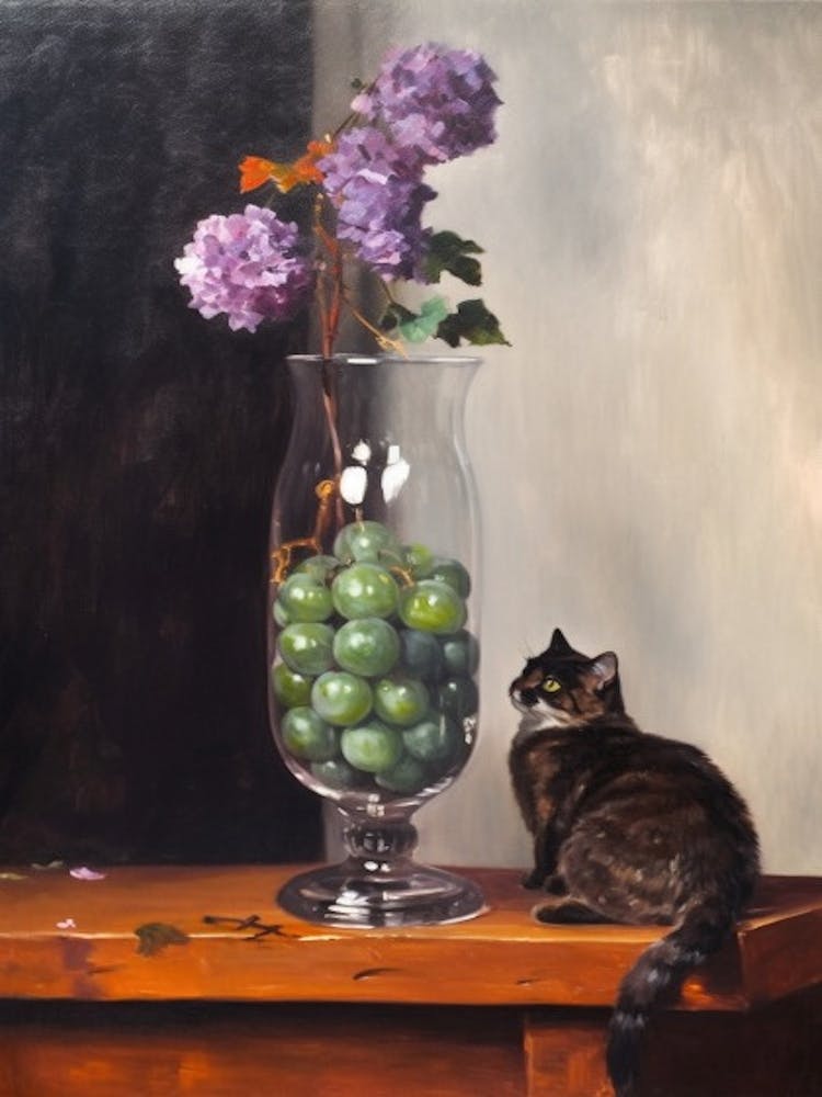 Painting Of A Still Life Of A Lilac With A Cat, Realism 3