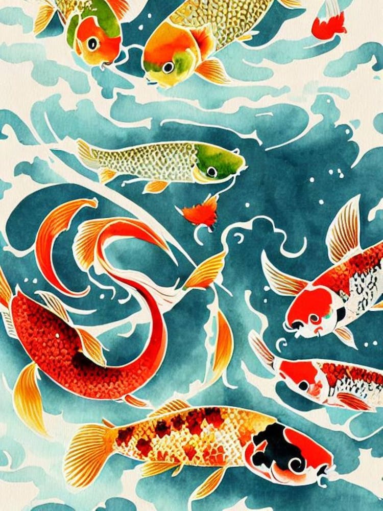 Koi Fish Vintage Graphic Watercolour