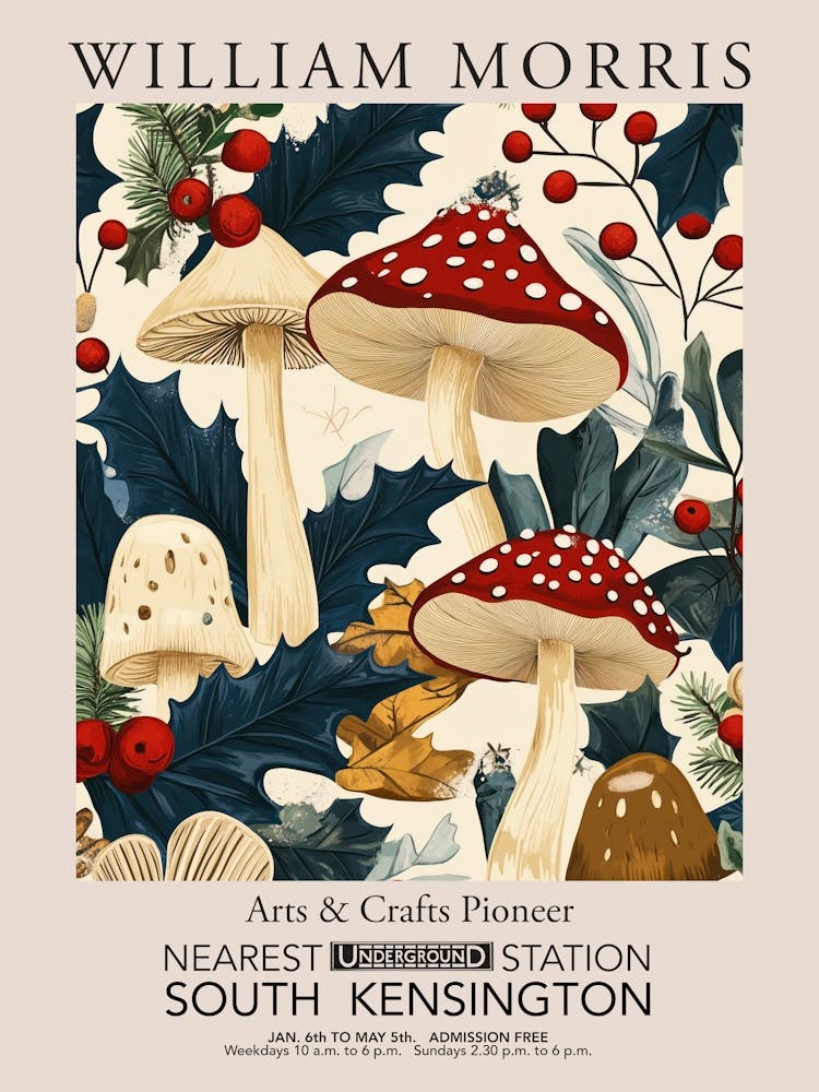 William Morris Prints Mushrooms Drawing Christmas Gift Winter Vintage