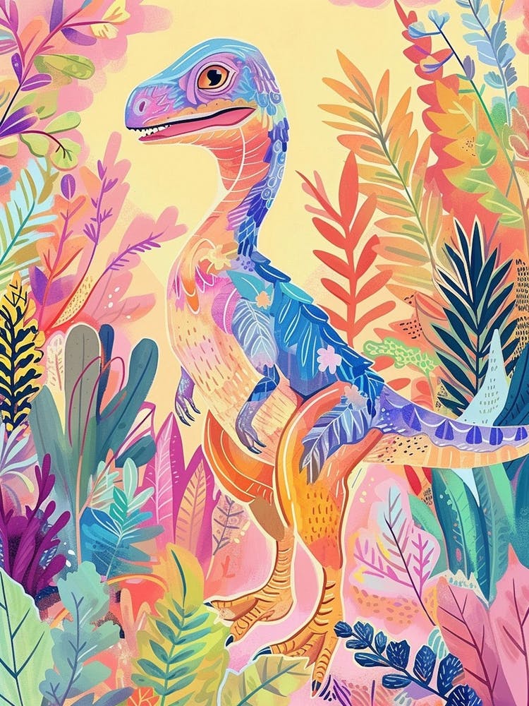 Watercolour Microraptor Dinosaur In The Plants 1