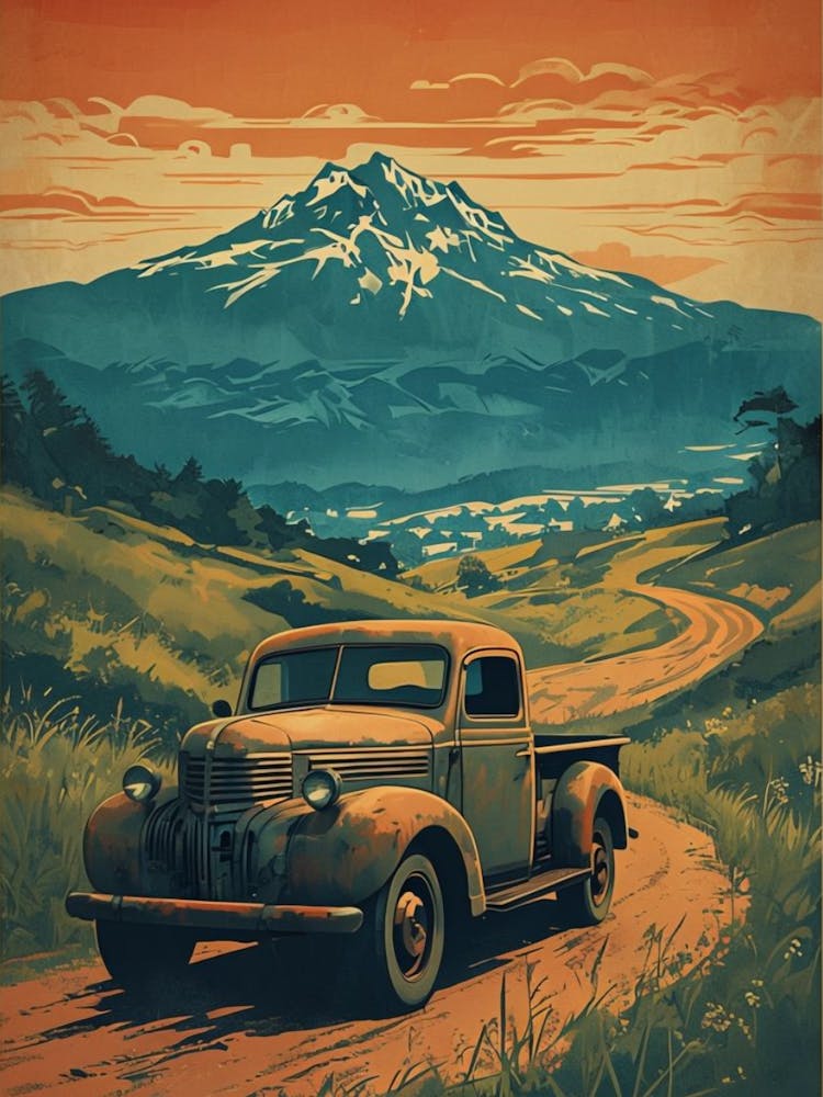 Vintage travel poster illustration of a rusty classic pickup truck on a dirt road with a snow-capped mountain at sunset.