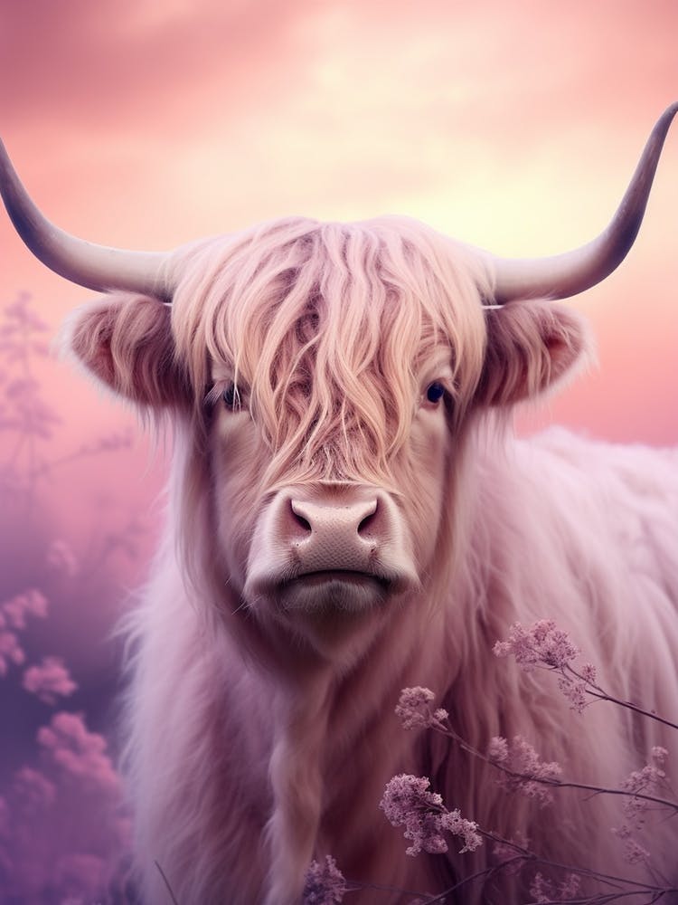 Highland Cow With Pink Dreamy Backdrop 1