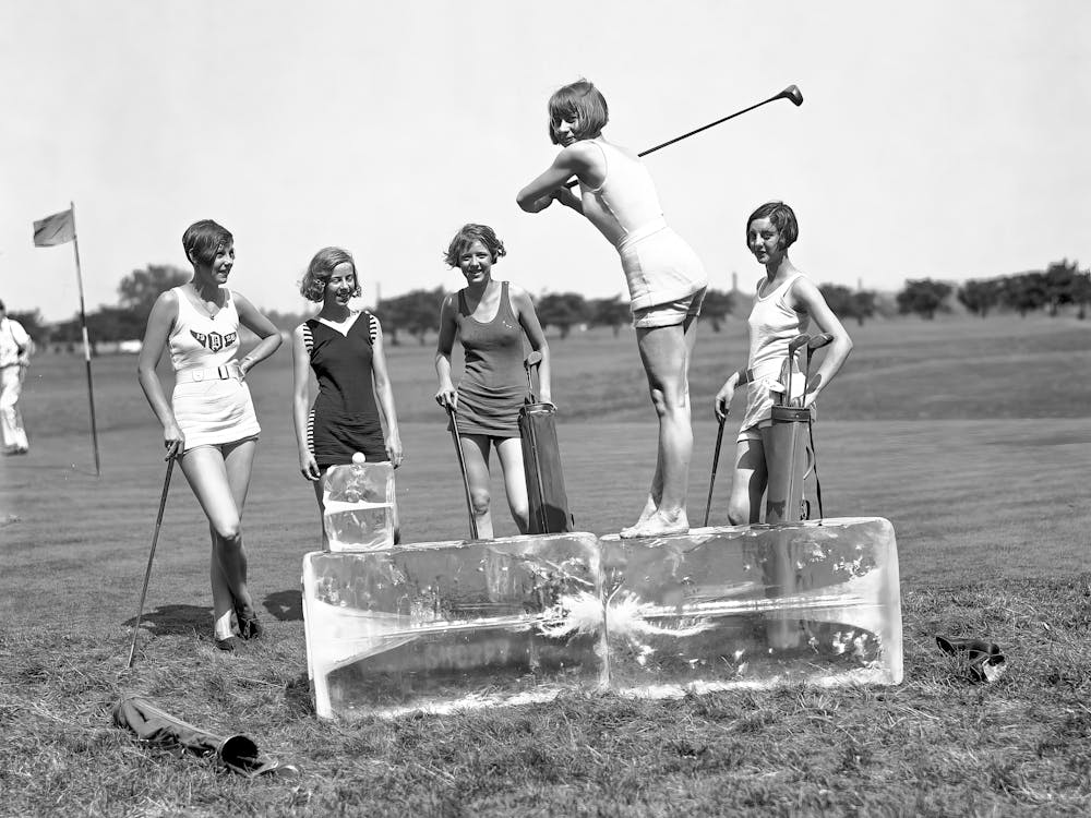 Lady Golfers on Ice Block, Black and White Vintage Photo