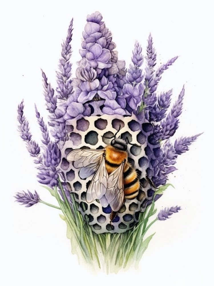Beehive With Lavender Watercolour Illustration 1
