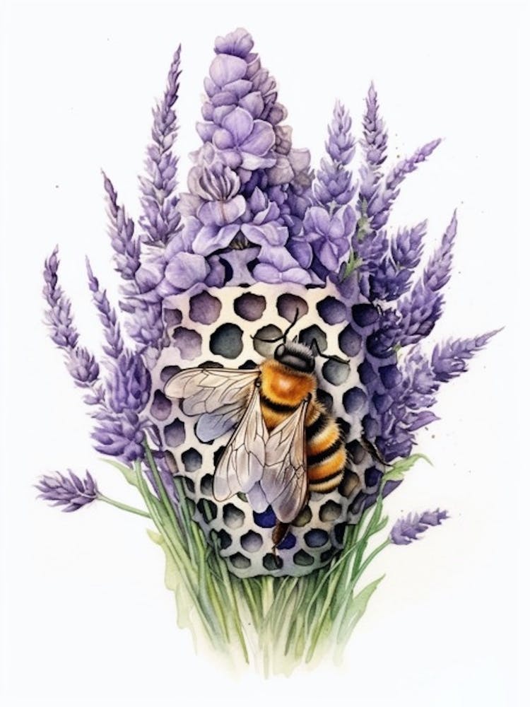 Beehive With Lavender Watercolour Illustration 1