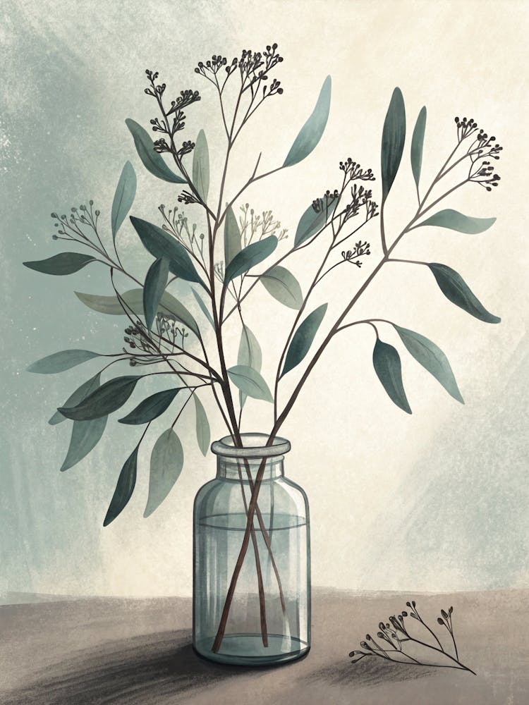 Oil Painting Style Minimal Eucalyptus Stems In Glass