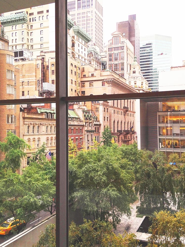 New York, USA I View of NYC skyscrapers from MOMA with the New York skyline photography, city silhouette and its brick architecture, its yellow cabs taxi, nature from Museum of Modern Art like a New Yorker loft