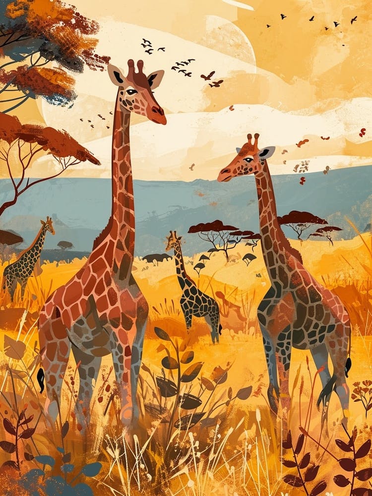 Giraffes In The Sunset Colourful Illustration 1