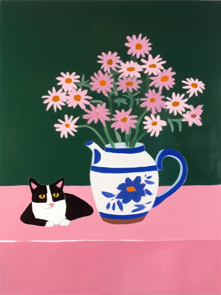 A Painting Of A Still Life Of A Aster With A Cat In The Style Of Matisse 3