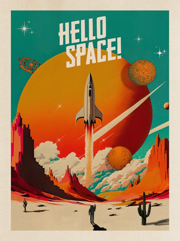 Hello Space! — Vintage retro space poster, retrofuturism poster, retro space, propaganda poster