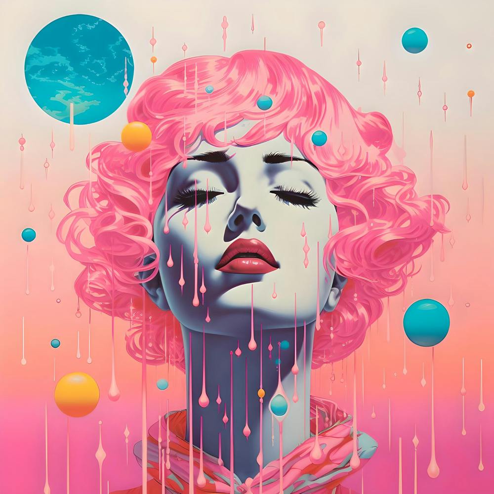 Risograph Style Surreal Illustration, Celestial Candy Colours Barbiecore