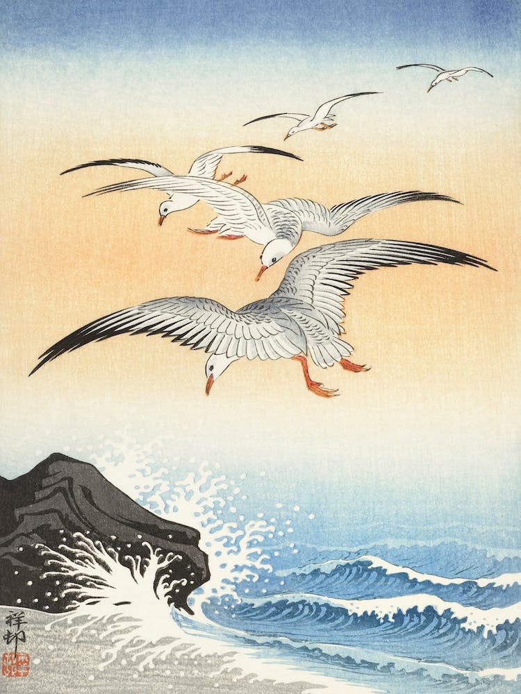 Five Seagulls Above Turbulent Sea, Ohara Koson