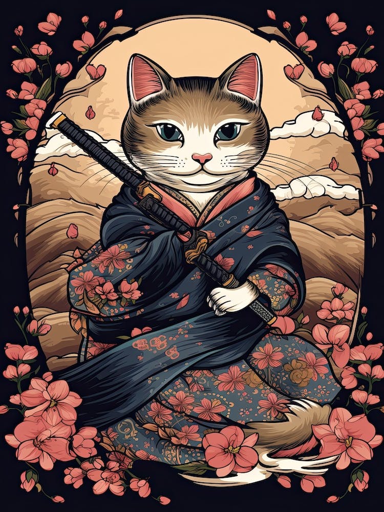 Cute Samurai Cat In The Style Of William Morris 2