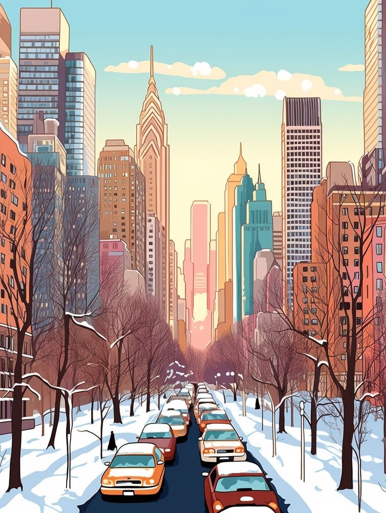 Vintage Winter Travel Illustration New York City Usa 1